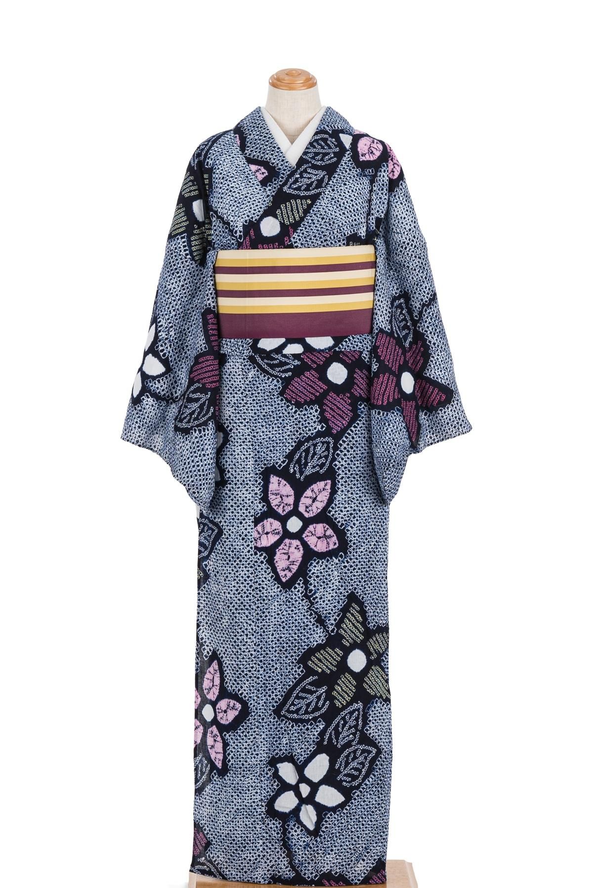 有松絞り浴衣 カラフル花模様 ゆったりサイズ - からん::アンティーク