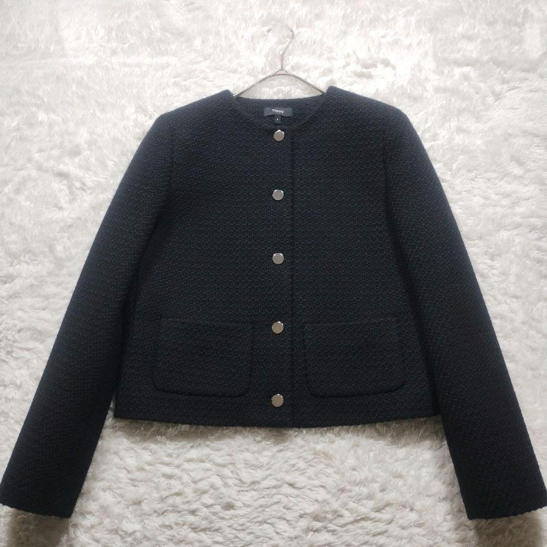未使用級　23AW　セオリー　ノーカラーツイードジャケット　Ｌ　黒　クロップド丈 未使用級 23AW セオリー ノーカラーツイードジャケット L 黒