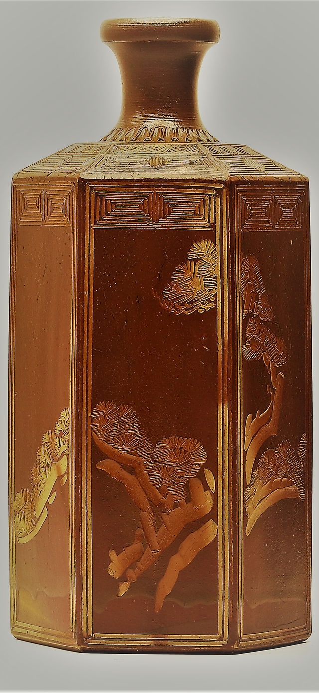 陶器瓶 徳利 暗い紫色 金色模様 木村素静先生 彫刻 夢柄子 鉄線